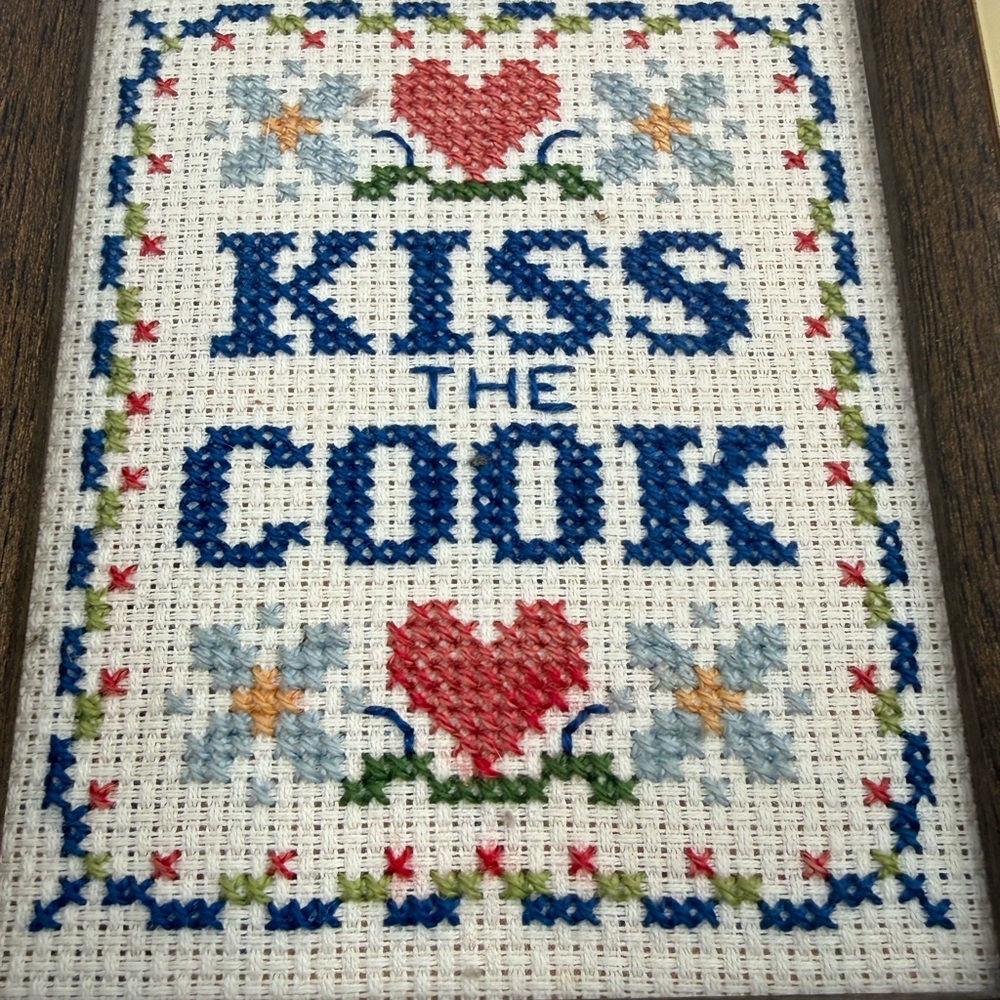 Vtg Kiss the Cook Needlepoint Embroidery Small Framed Completed Wall Art 6x5” - Picture 4 of 10